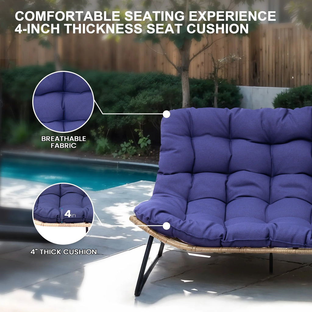 Fauteuil Double Papasan avec Coussin, en Rotin PE Résistant aux Intempéries et Cadre en Métal pour Intérieur et Extérieur