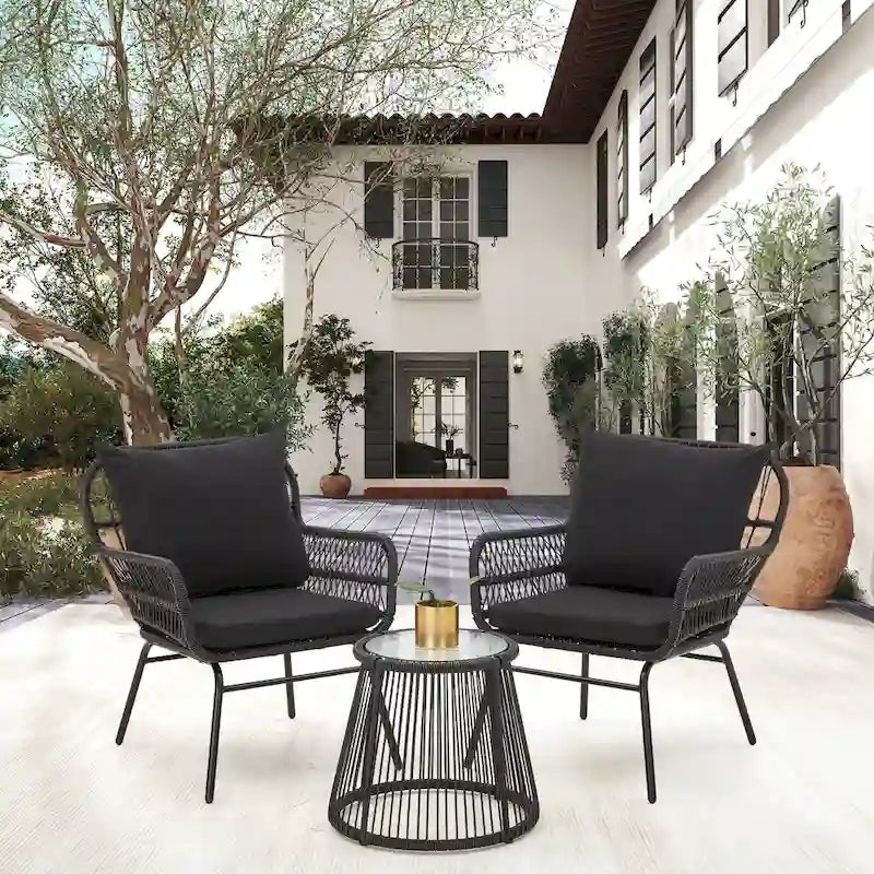 Ensemble de bistro 3 pièces pour terrasse, salon de jardin en rotin d'extérieur avec table en verre et 2 fauteuils larges, coussins d'assise