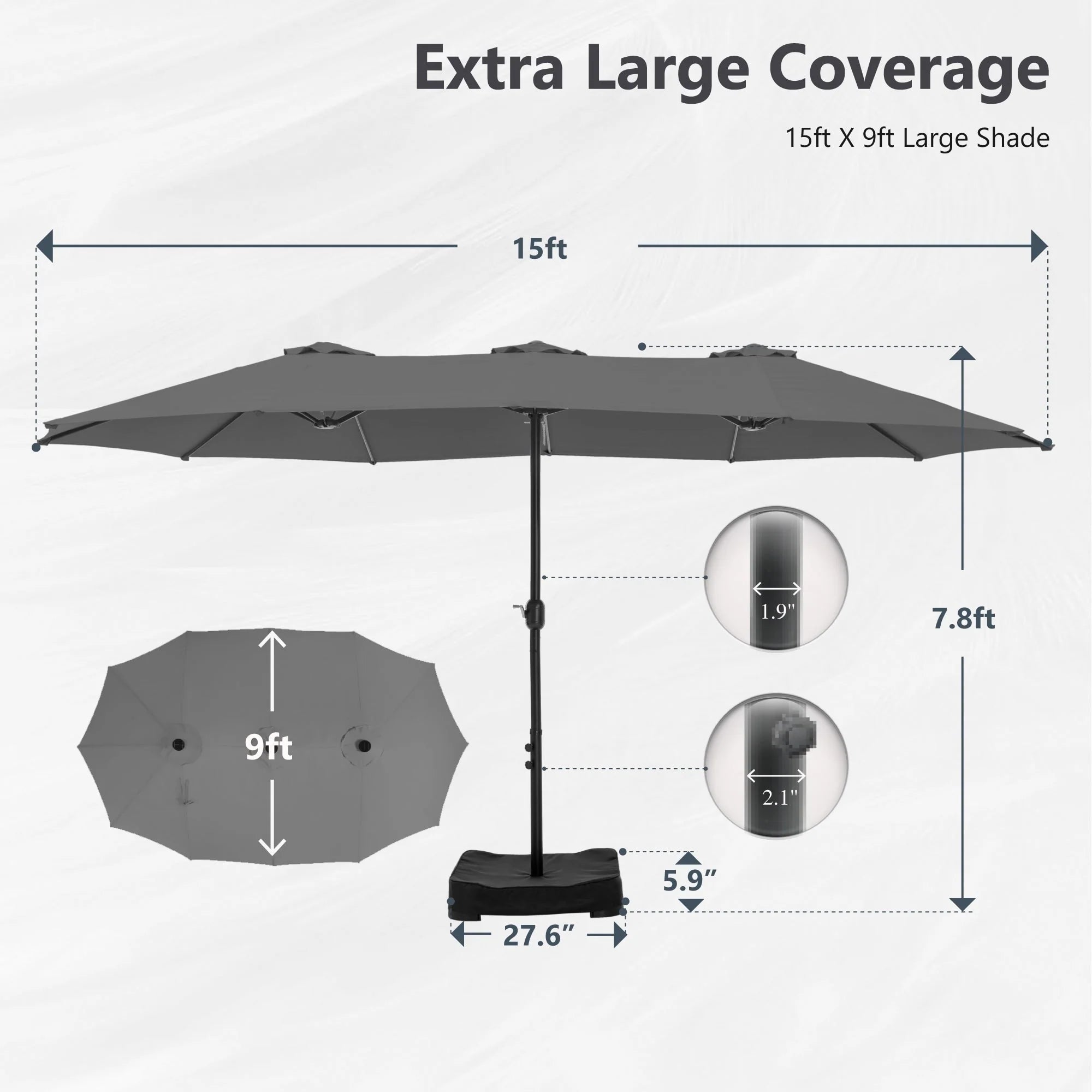 MAISON ARTS Parasol double de 4,5 m pour terrasse, grande taille, avec pied inclus