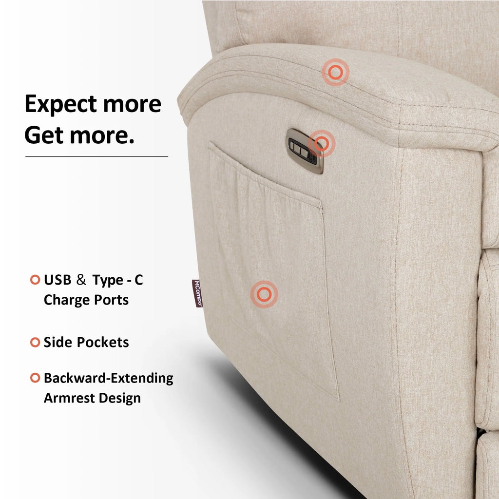 Canapé inclinable électrique biplace MCombo 60.2 avec massage et double chauffage, appuie-tête réglable, ports USB et USB-C, en tissu