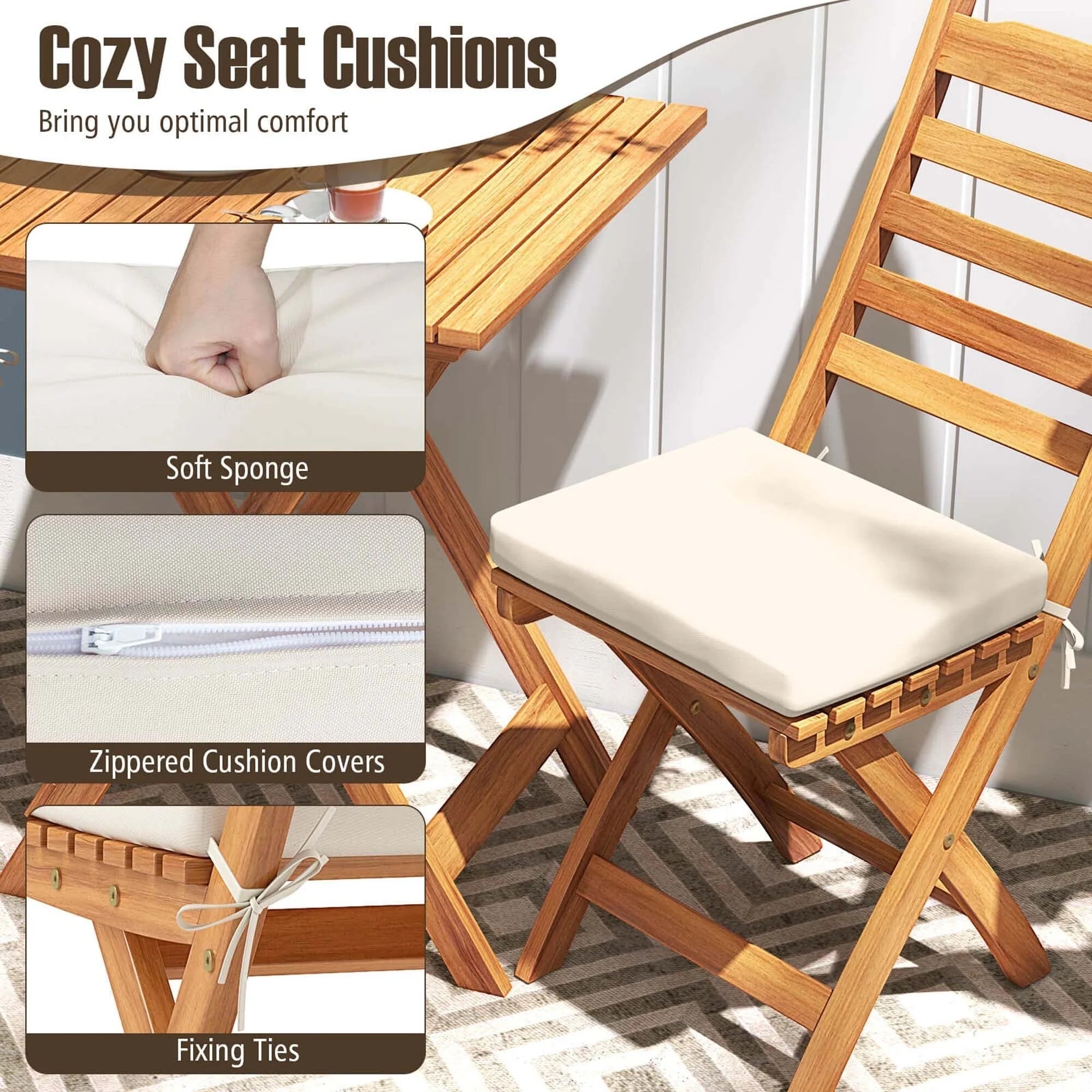 Ensemble de bistrot pliant 3 pièces Patiojoy avec coussins d'assise amovibles - Voir les détails