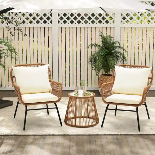 Ensemble de bistro 3 pièces pour terrasse, salon de jardin en rotin d'extérieur avec table en verre et 2 fauteuils larges, coussins d'assise