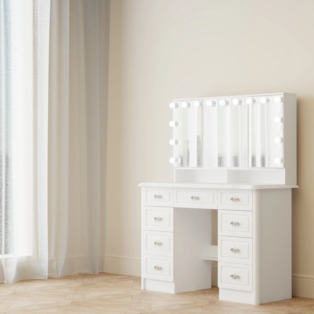 Coiffeuse moderne blanche avec miroir pliable éclairage réglable - 102,1 x 137,4 cm
