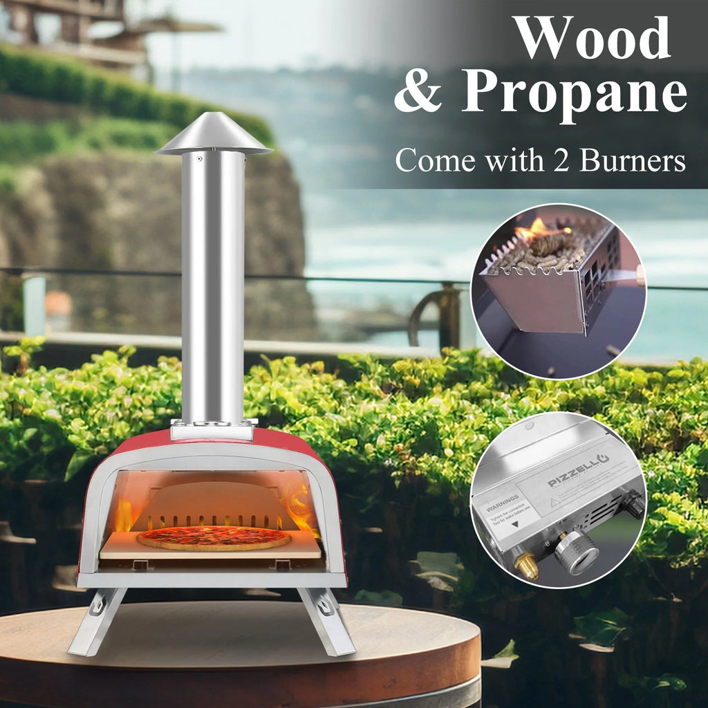 Four à pizza d'extérieur multi-combustibles avec brûleur à gaz et boîte à bois - 30 cm