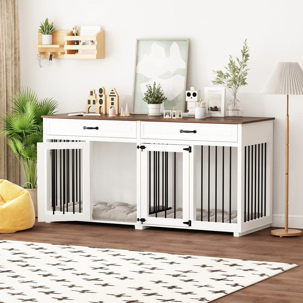 Meuble Niche Double pour Chiens en Bois avec 2 Tiroirs et Séparateur