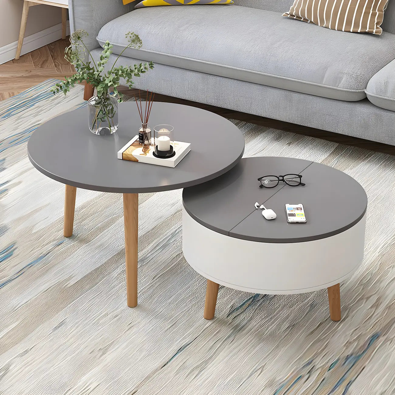 Table basse ronde en bois noir et blanc moderne avec rangement