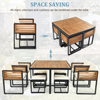 Ensemble de salle à manger de patio en bois d'acacia de 18 pièces, 8 chaises coussinées et 8 poufs et 2 tables carrées