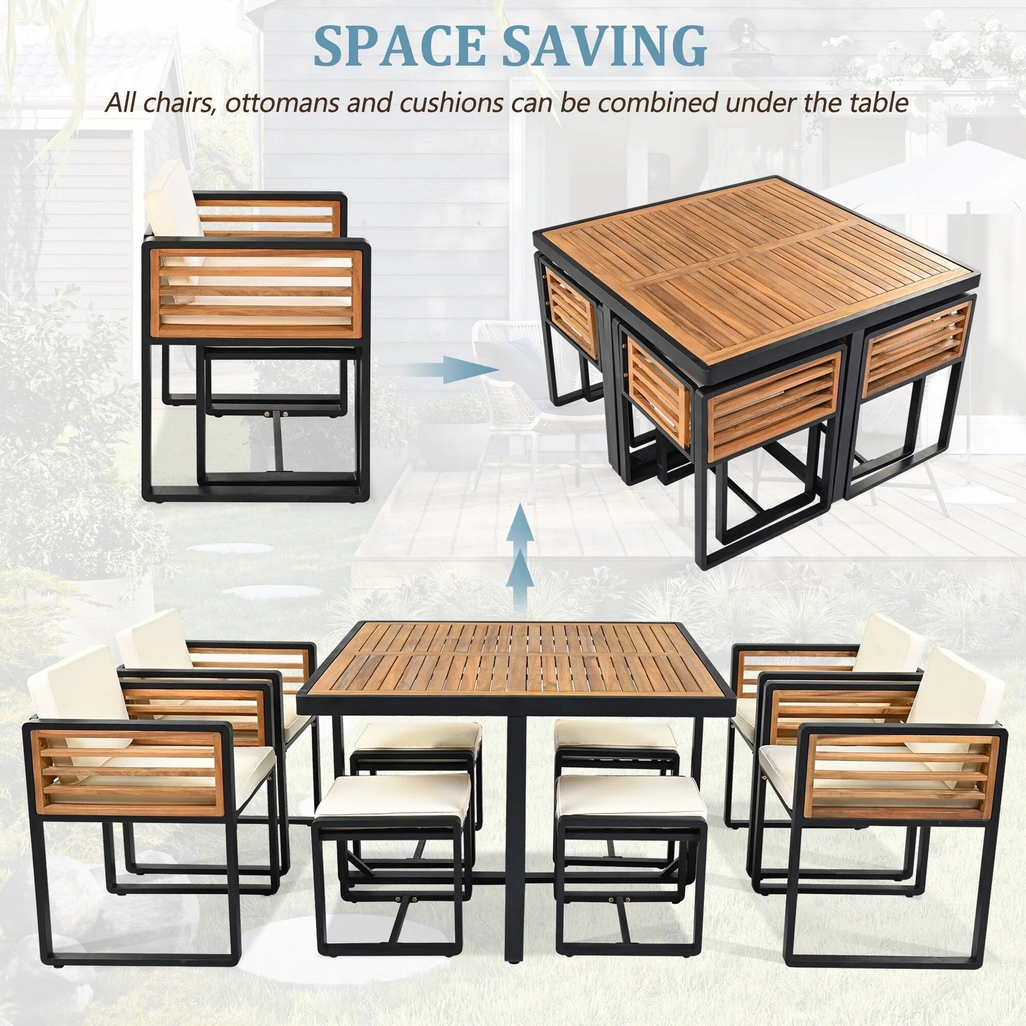 Ensemble de salle à manger de patio en bois d'acacia de 18 pièces, 8 chaises coussinées et 8 poufs et 2 tables carrées