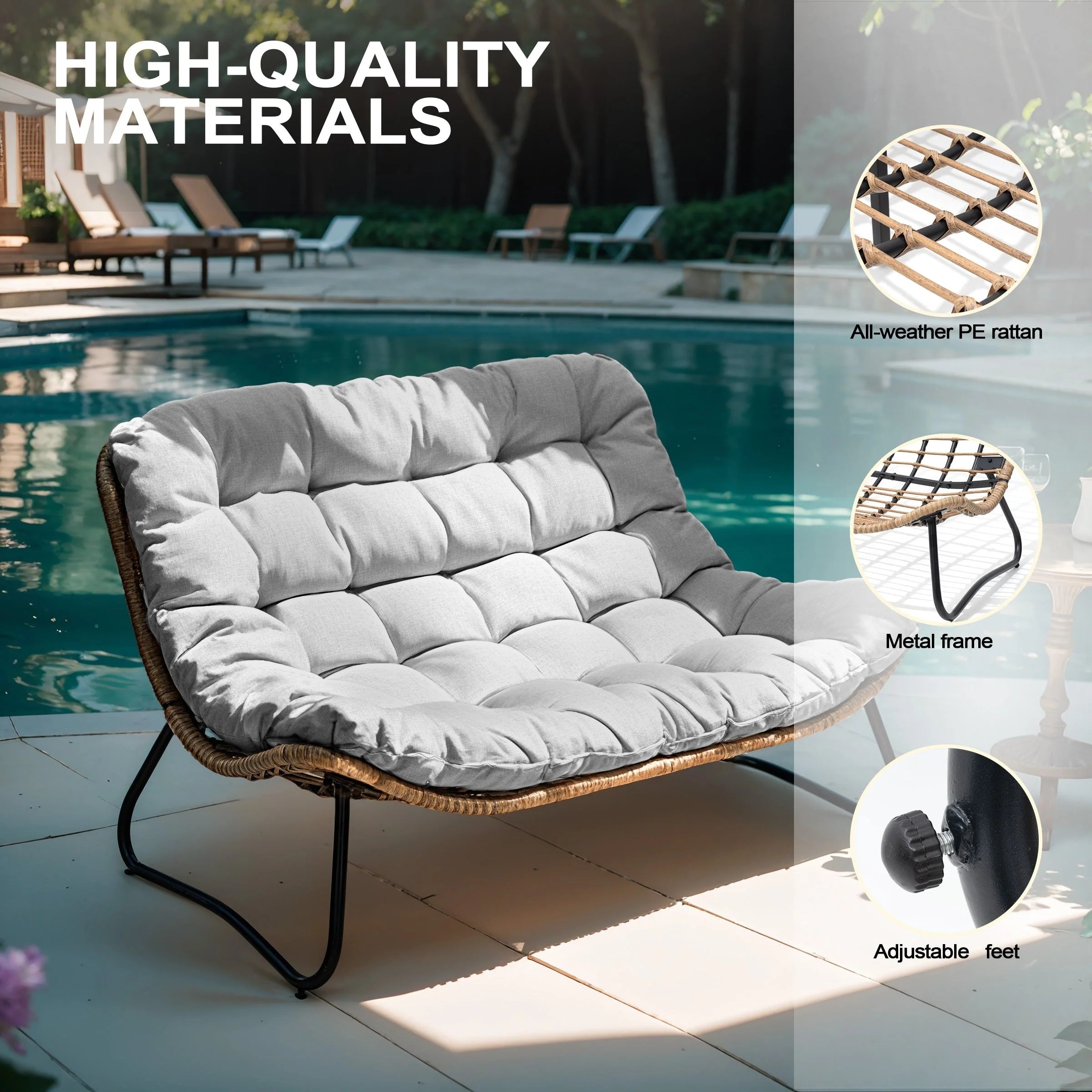 Fauteuil Double Papasan avec Coussin, en Rotin PE Résistant aux Intempéries et Cadre en Métal pour Intérieur et Extérieur
