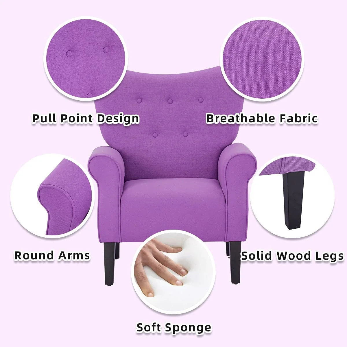 Fauteuil d'appoint moderne Erommy, fauteuil à dossier haut, canapé individuel en tissu capitonné avec pieds en bois pour salon