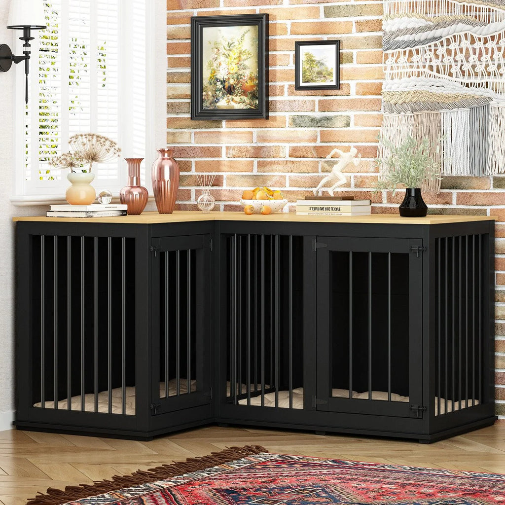 Meuble Grande Cage d'Angle pour 2 Chiens, Cage en Forme de L - 58,7X41,1