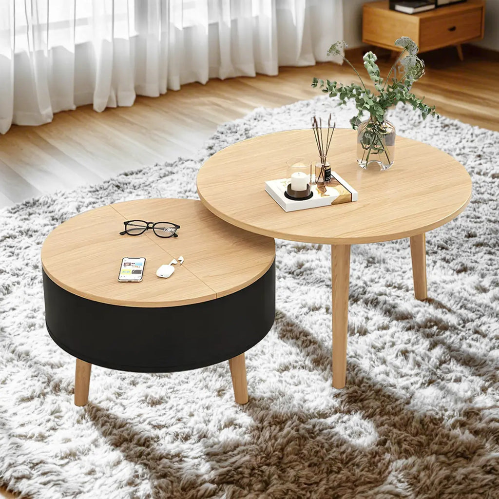 Table basse ronde en bois noir et blanc moderne avec rangement