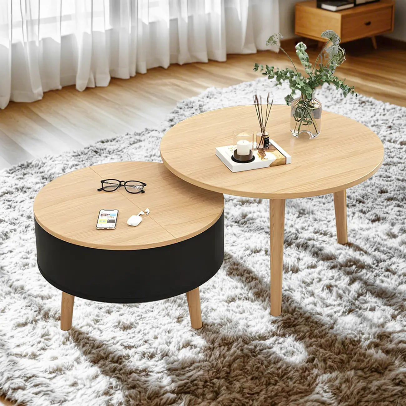 Table basse ronde en bois noir et blanc moderne avec rangement