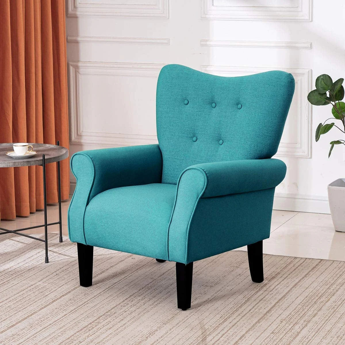Fauteuil d'appoint moderne Erommy, fauteuil à dossier haut, canapé individuel en tissu capitonné avec pieds en bois pour salon