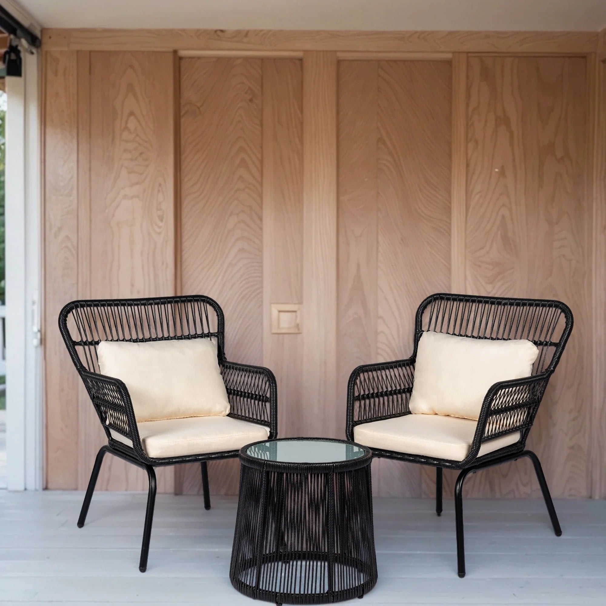Ensemble bistrot 3 pièces d'extérieur en osier, meubles de terrasse en rotin résistant aux intempéries avec coussins
