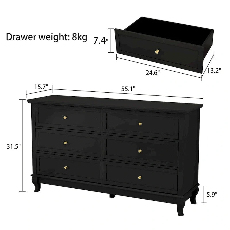Commode de chambre à coucher avec tiroirs profonds en bois, commode double à 6 tiroirs