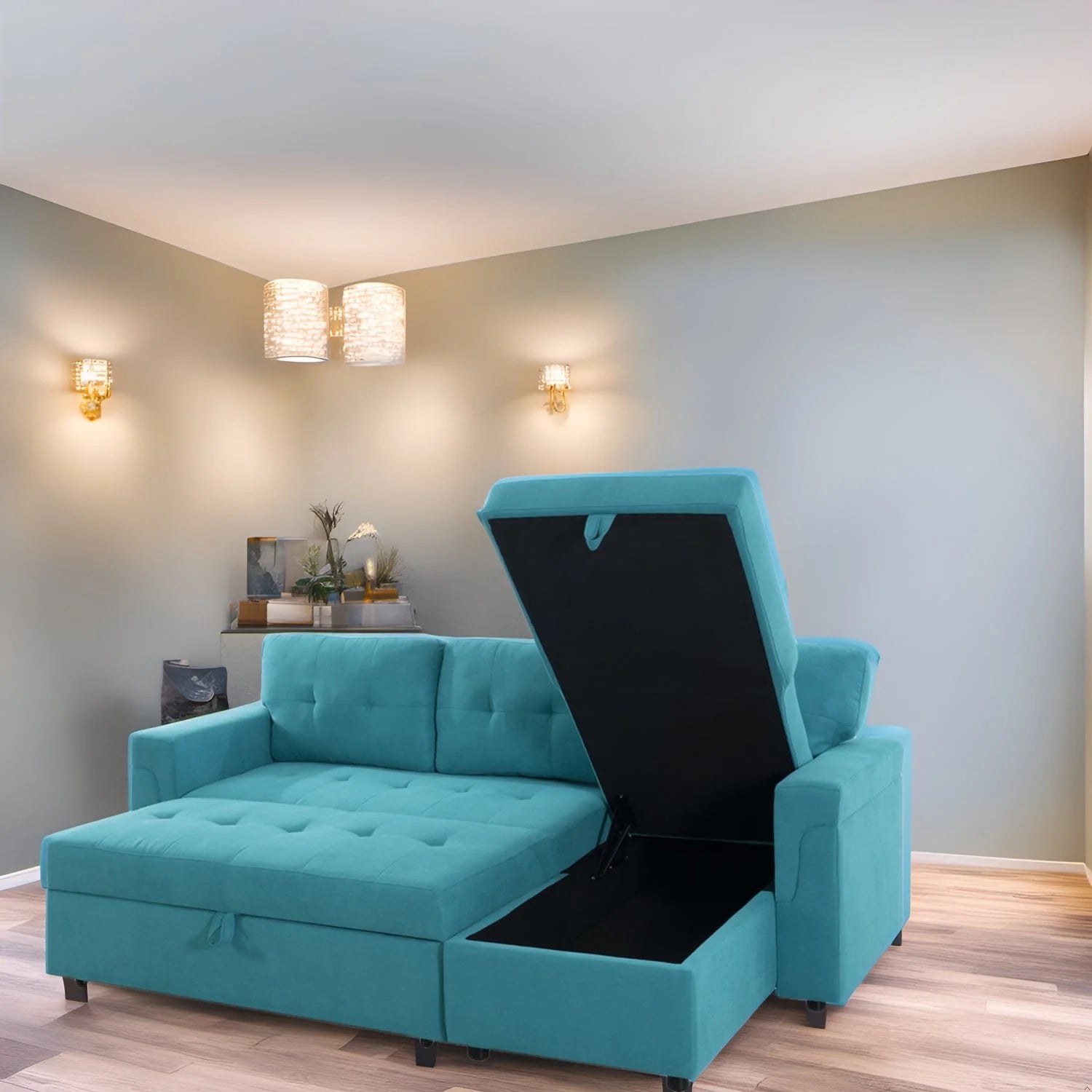 Canapé d'angle réversible convertible avec lit gigogne, méridienne avec rangement dissimulé et pieds durables