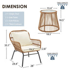 Ensemble de bistro 3 pièces pour terrasse, salon de jardin en rotin d'extérieur avec table en verre et 2 fauteuils larges, coussins d'assise