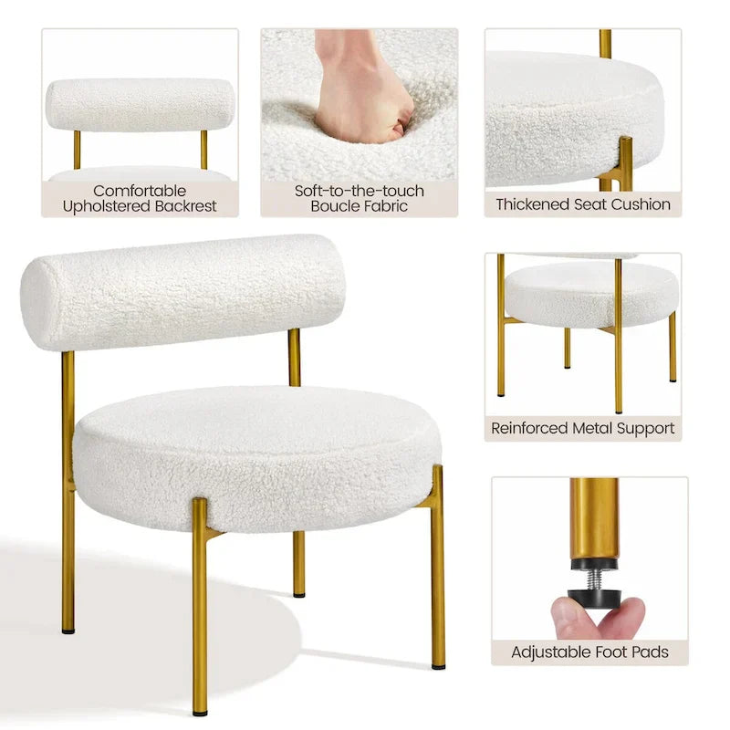 Chaise d'appoint Yaheetech avec pieds en métal doré et assise ronde rembourrée, blanc - 252326