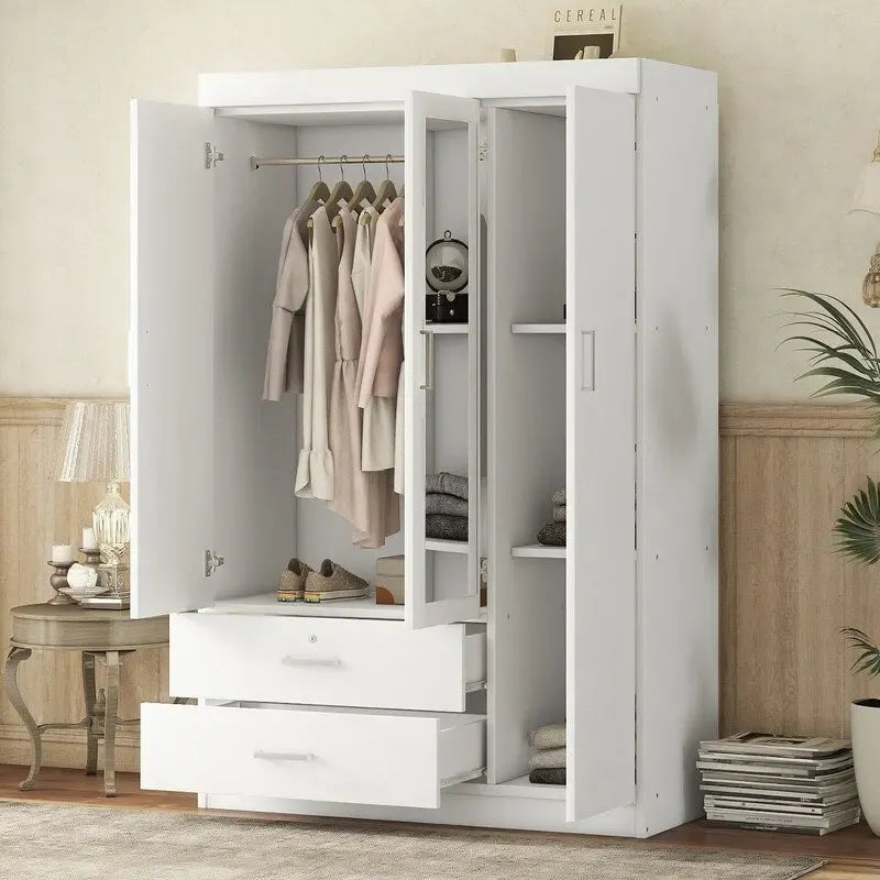 Armoire-penderie 3 portes avec miroir, étagères et 2 tiroirs