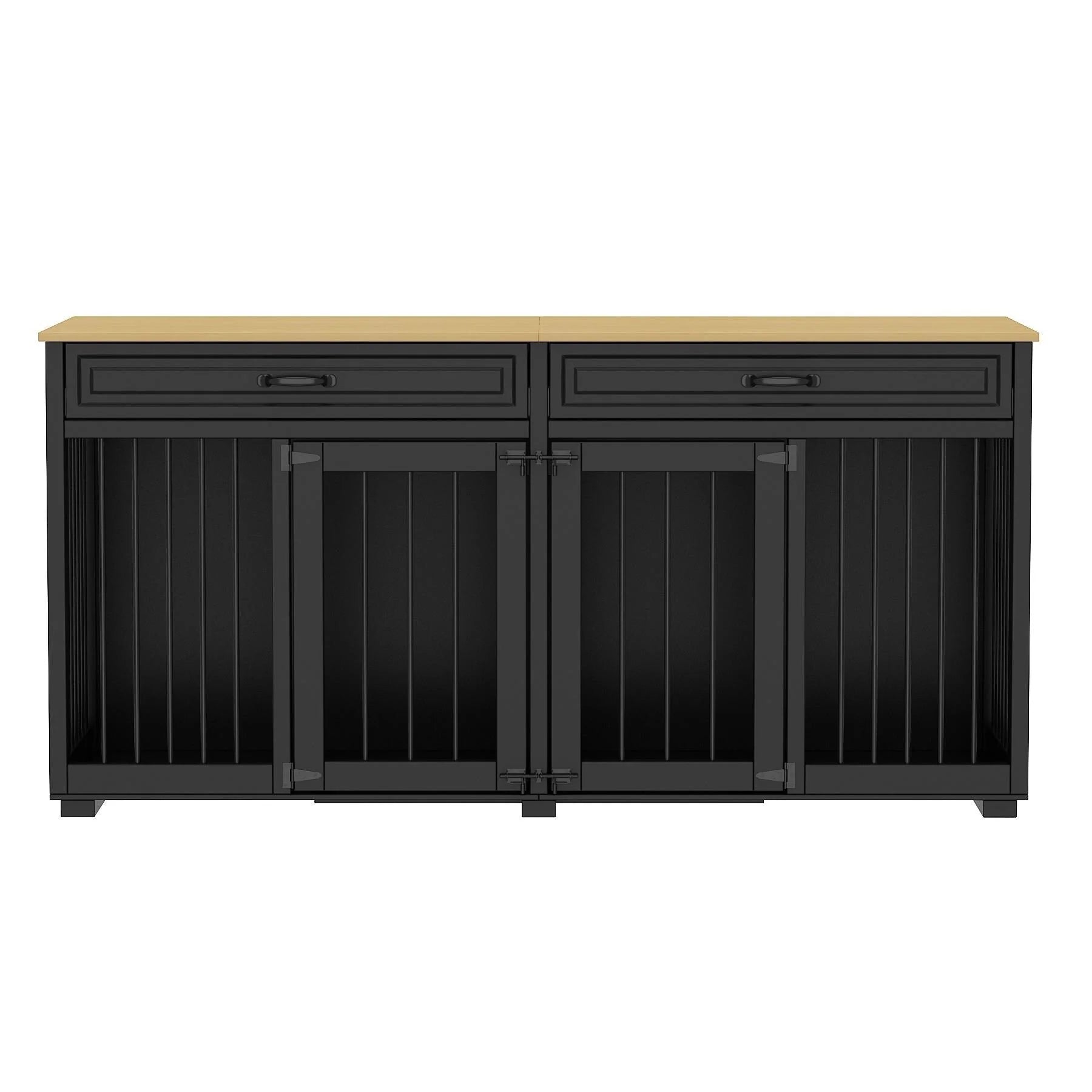 Meuble Niche Double pour Chiens en Bois avec 2 Tiroirs et Séparateur