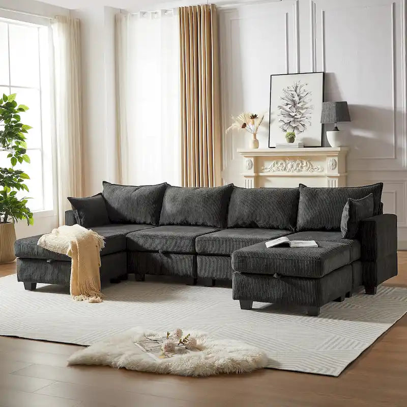 Canapé d'angle modulable 6 pièces en velours côtelé avec rangements, 2 poufs amovibles, combinaison libre