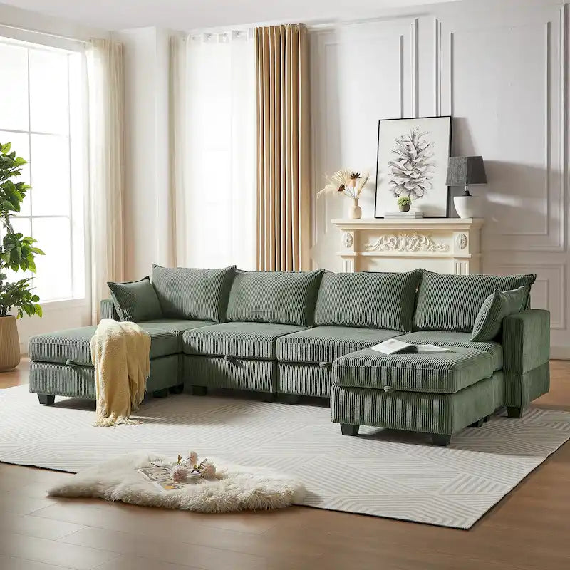Canapé d'angle modulable 6 pièces en velours côtelé avec rangements, 2 poufs amovibles, combinaison libre