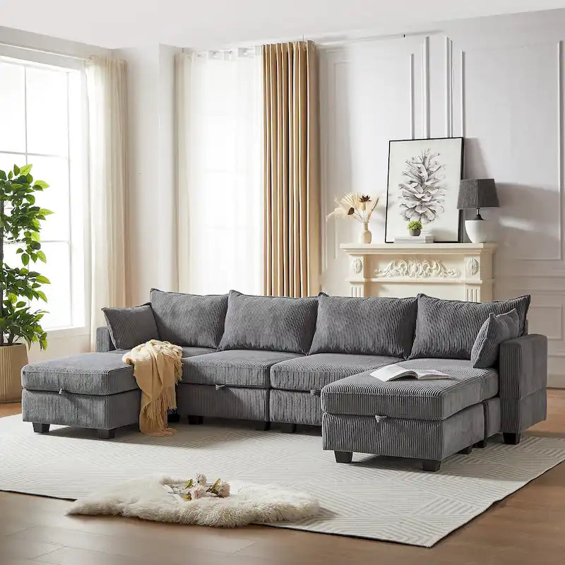 Canapé d'angle modulable 6 pièces en velours côtelé avec rangements, 2 poufs amovibles, combinaison libre