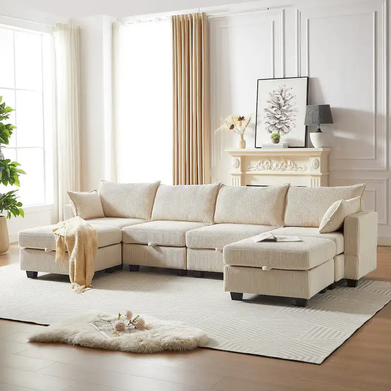 Canapé d'angle modulable 6 pièces en velours côtelé avec rangements, 2 poufs amovibles, combinaison libre