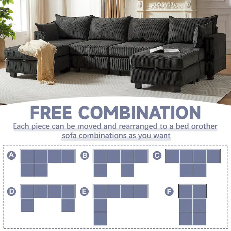 Canapé d'angle modulable 6 pièces en velours côtelé avec rangements, 2 poufs amovibles, combinaison libre