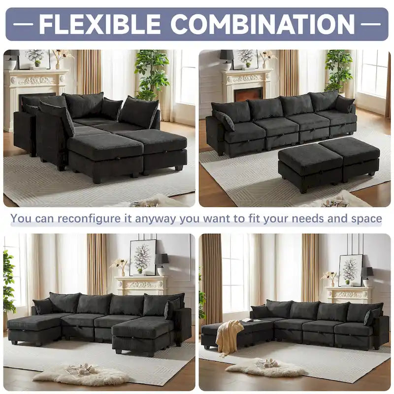 Canapé d'angle modulable 6 pièces en velours côtelé avec rangements, 2 poufs amovibles, combinaison libre