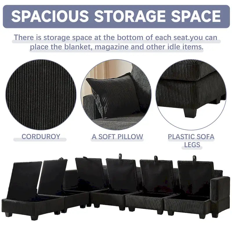Canapé d'angle modulable 6 pièces en velours côtelé avec rangements, 2 poufs amovibles, combinaison libre
