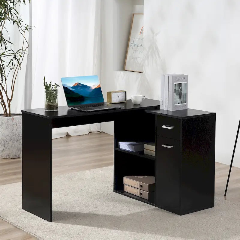 Bureau d'ordinateur moderne en L avec support rotatif et rangement intégré pour bureaux à domicile ou petits espaces