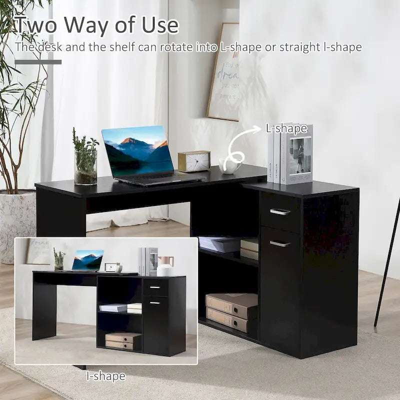 Bureau d'ordinateur moderne en L avec support rotatif et rangement intégré pour bureaux à domicile ou petits espaces