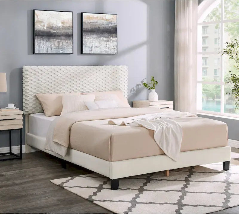 Queen Platform Bed with Adjustable Headboard, Dove Fabric