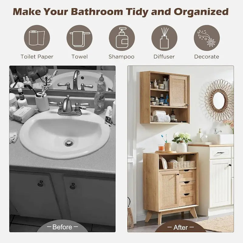 Petit meuble de salle de bain en rotin naturel, armoire de rangement moderne