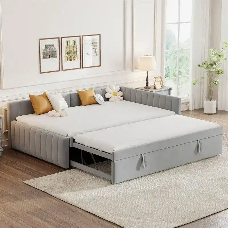 Lit de repos rembourré avec lit gigogne escamotable simple, Cadre de lit de repos double avec dossier en L et design rayé