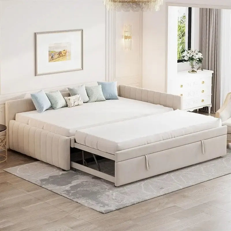 Lit de repos rembourré avec lit gigogne escamotable simple, Cadre de lit de repos double avec dossier en L et design rayé