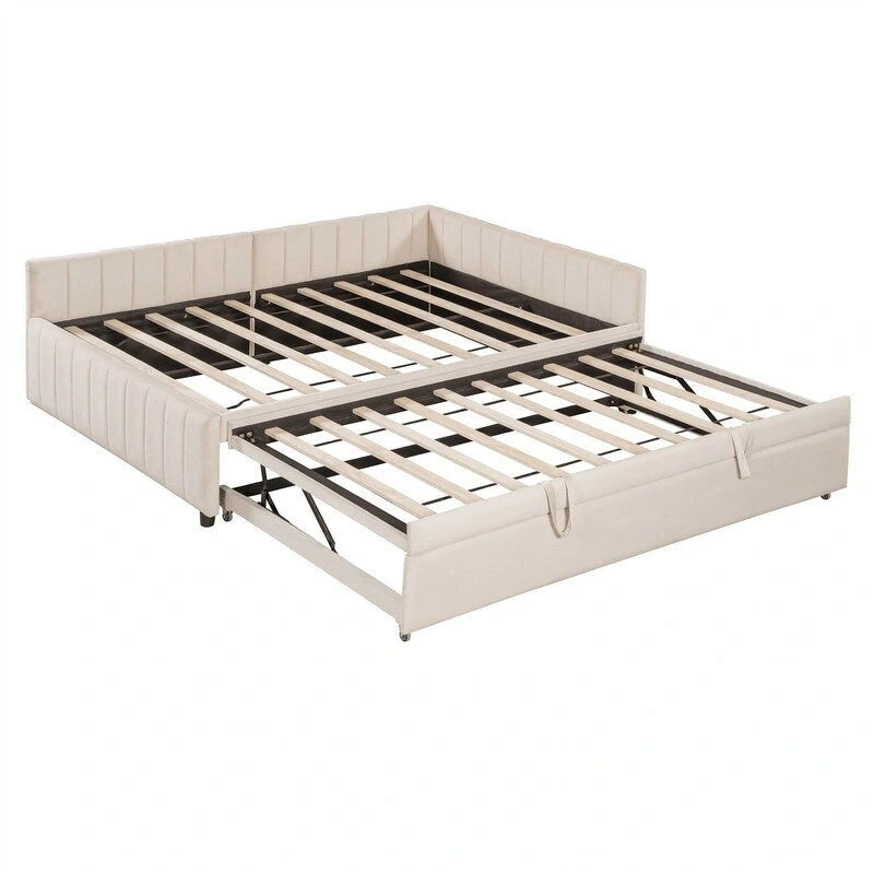 Lit de repos rembourré avec lit gigogne escamotable simple, Cadre de lit de repos double avec dossier en L et design rayé