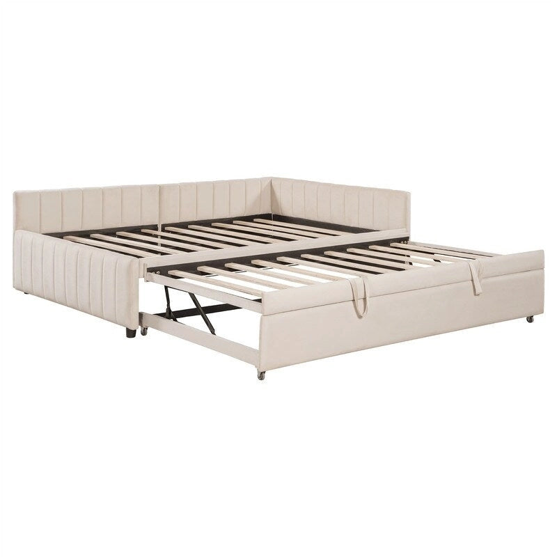 Lit de repos rembourré avec lit gigogne escamotable simple, Cadre de lit de repos double avec dossier en L et design rayé