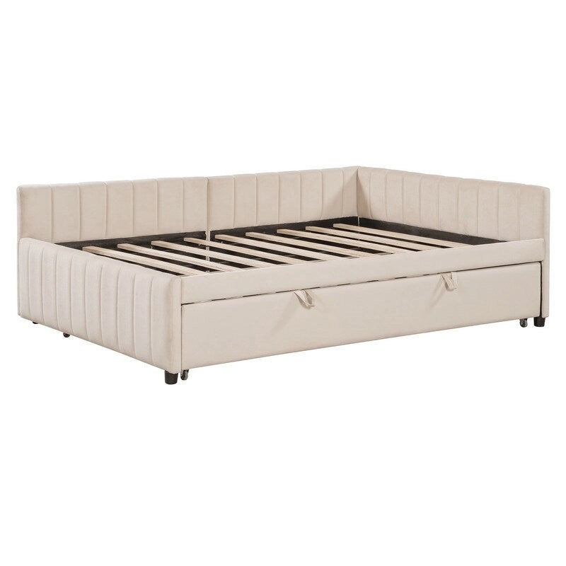 Lit de repos rembourré avec lit gigogne escamotable simple, Cadre de lit de repos double avec dossier en L et design rayé