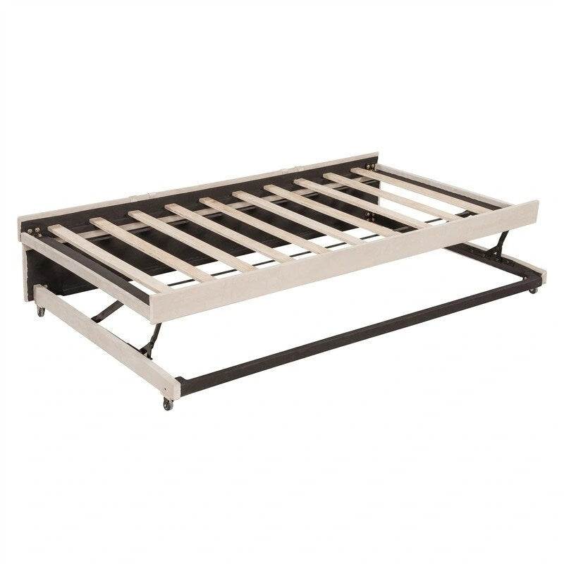 Lit de repos rembourré avec lit gigogne escamotable simple, Cadre de lit de repos double avec dossier en L et design rayé