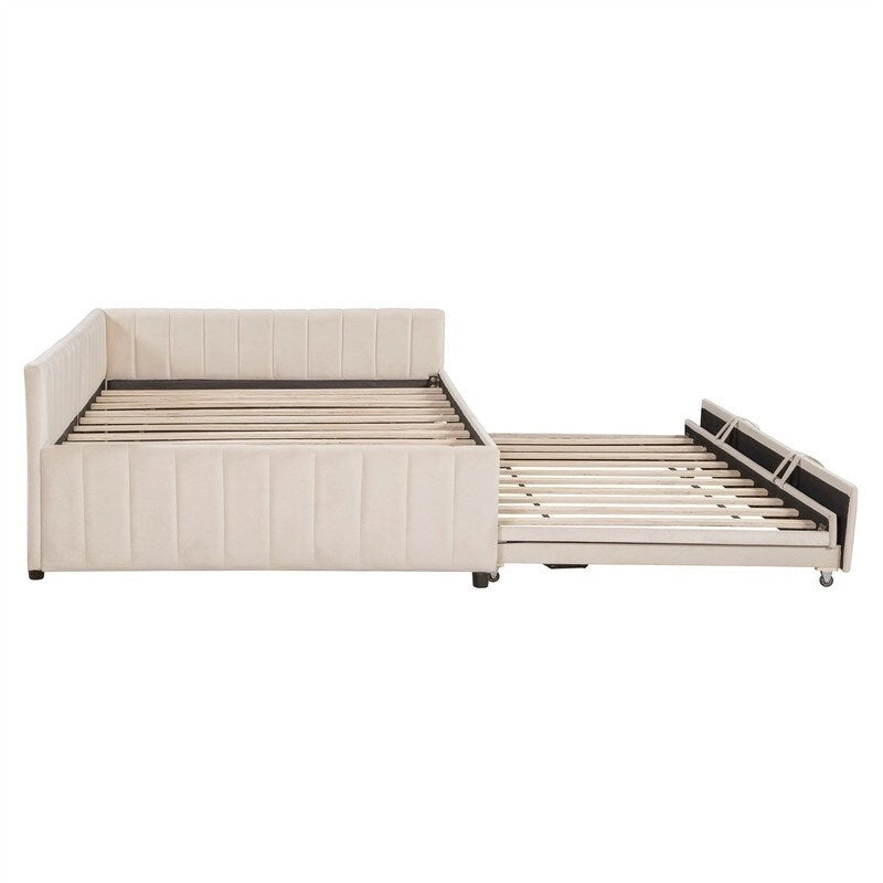 Lit de repos rembourré avec lit gigogne escamotable simple, Cadre de lit de repos double avec dossier en L et design rayé