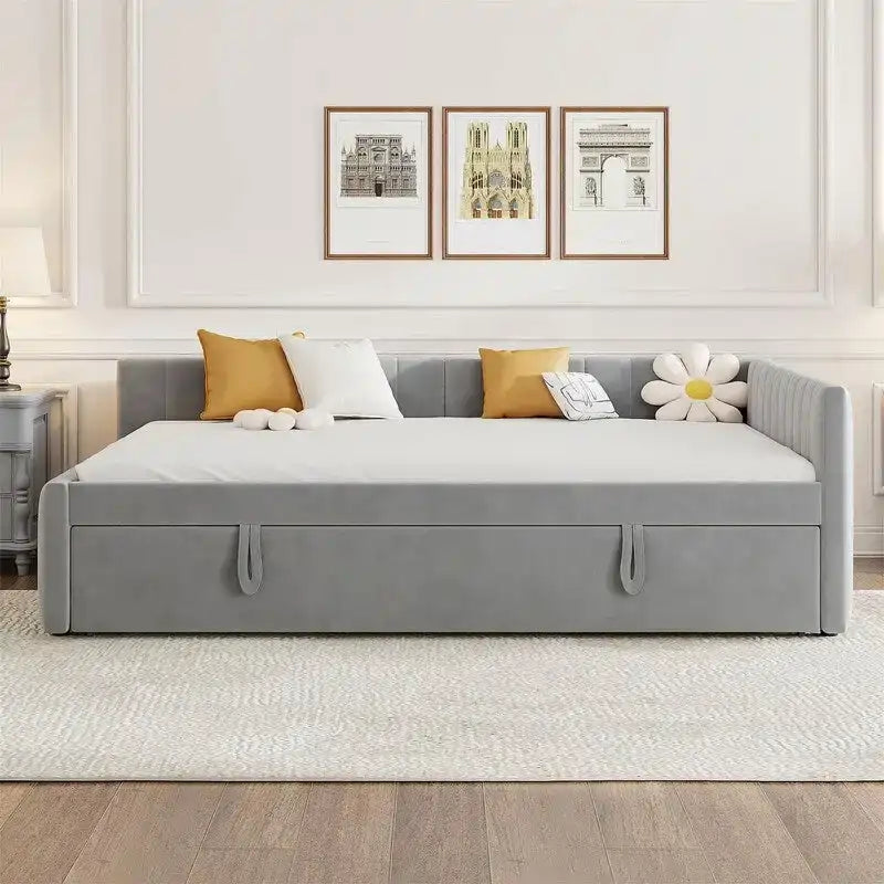 Lit de repos rembourré avec lit gigogne escamotable simple, Cadre de lit de repos double avec dossier en L et design rayé