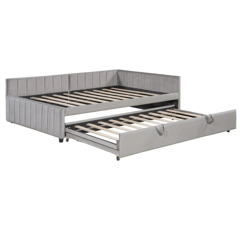 Lit de repos rembourré avec lit gigogne escamotable simple, Cadre de lit de repos double avec dossier en L et design rayé