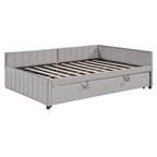Lit de repos rembourré avec lit gigogne escamotable simple, Cadre de lit de repos double avec dossier en L et design rayé