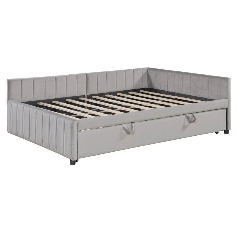 Lit de repos rembourré avec lit gigogne escamotable simple, Cadre de lit de repos double avec dossier en L et design rayé