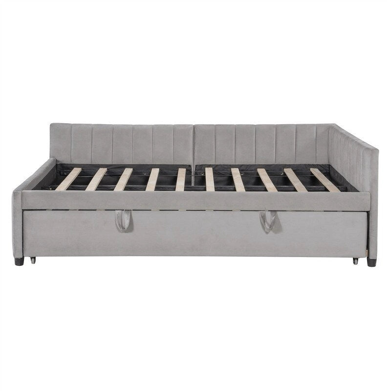 Lit de repos rembourré avec lit gigogne escamotable simple, Cadre de lit de repos double avec dossier en L et design rayé