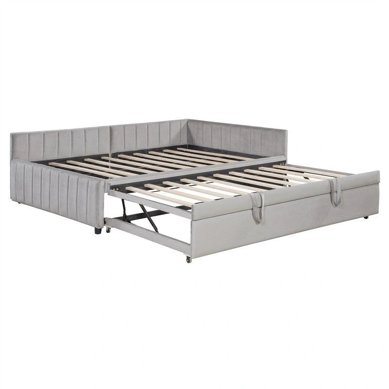Lit de repos rembourré avec lit gigogne escamotable simple, Cadre de lit de repos double avec dossier en L et design rayé