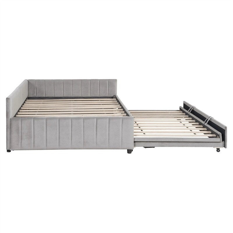 Lit de repos rembourré avec lit gigogne escamotable simple, Cadre de lit de repos double avec dossier en L et design rayé